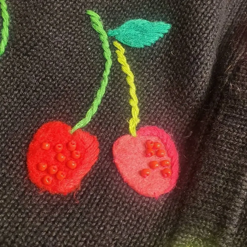 VTG Y2K Talbots Black Fun Cardigan Sweater Bright Fruit Appliqué And Hand Beadin